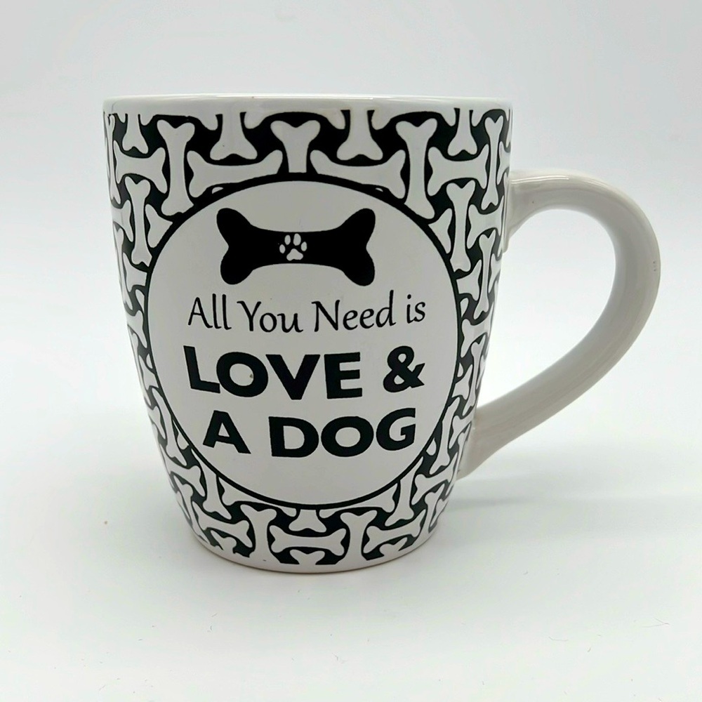 “All You Need is Love & a Dog” Black and White XL Mug with Bone Pattern - DEI